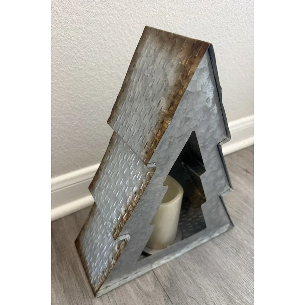 Galvanized Metal Christmas Tree Candle Holder Rustic Decorative, Place A Bid
